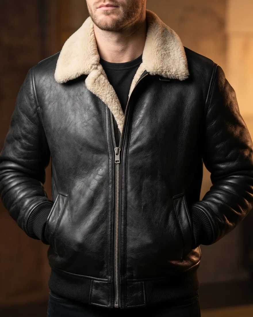 Man wearing a black leather jacket with a cream shearling collar