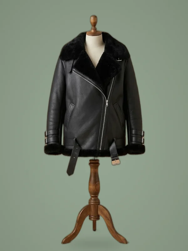 Ana De Armas Oversized Real Sheepskin Shearling Biker Black Leather Jacket, front view