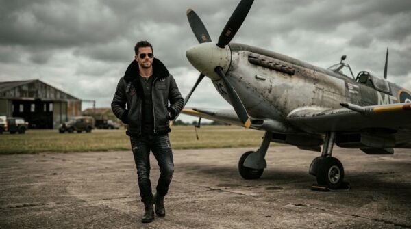 Man in a black B3 shearling bomber jacket next to a vintage aircraft