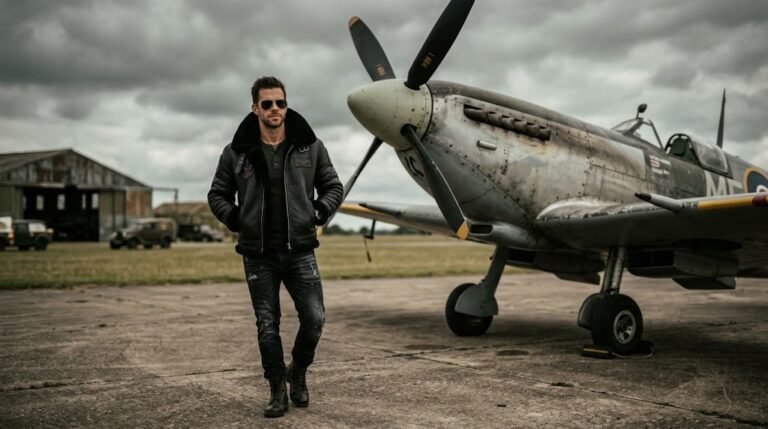 Man in a black B3 shearling bomber jacket next to a vintage aircraft