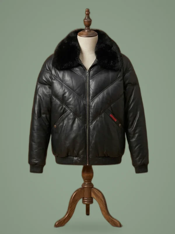 Black Leather V-Bomber Jacket with Black Fox Fur Lambskin leather Puffer Jacket, front view