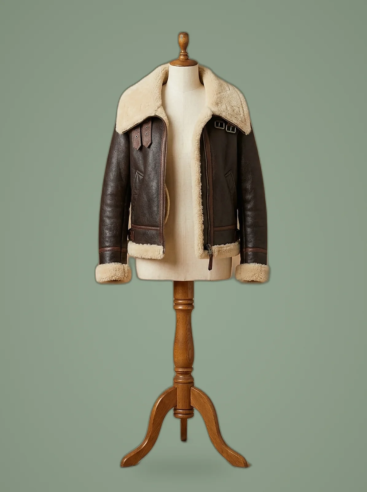Cara Delevingne Women’s B3 Bomber Pilot RAF Aviator Sheepskin Shearling Dark Brown Leather Jacket, front view