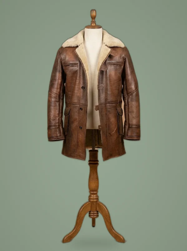 Dark Knight Rises Bane Real Shearling Leather Trench Coat Jacket, front view