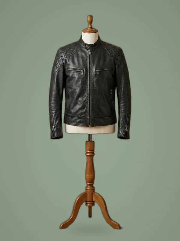David Beckham Biker Cafe Racer Diamond Black Leather Jacket, front view