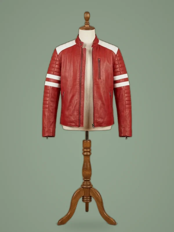 Fight Club Mayhem Tyler Durden Brad Pitt Red & White Stripes Men’s Leather Jacket, front view