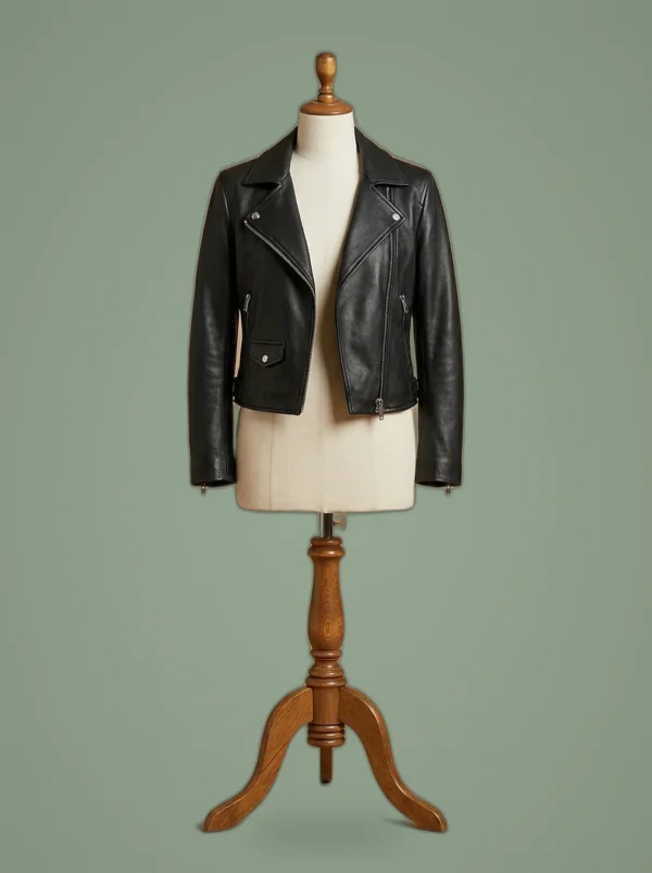 God Friended Me Violett Beane Cafe Racer Biker Black Leather Jacket, front view