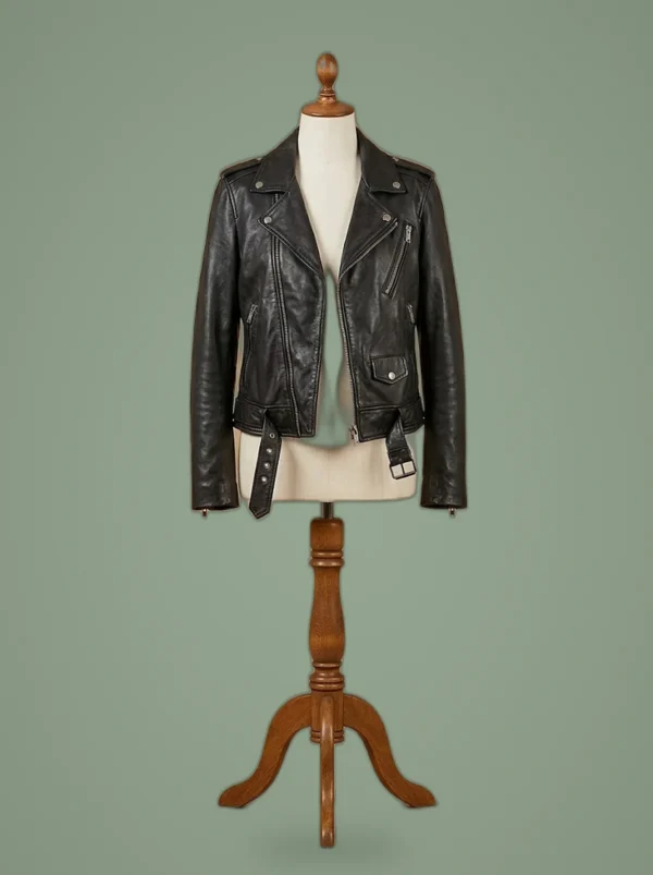 Good Behavior Michelle Dockery Slimfit Biker Black Leather Jacket, front view