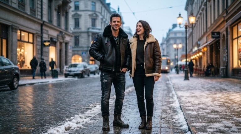 Man and woman wearing shearling jackets with casual winter outfits
