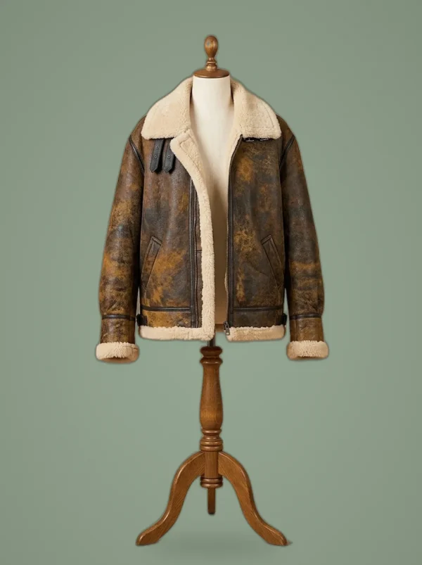 I Hate Suzie Billie Piper Pickles Aviator Pilot Real Sheepskin Shearling Brown Leather Jacket, front view