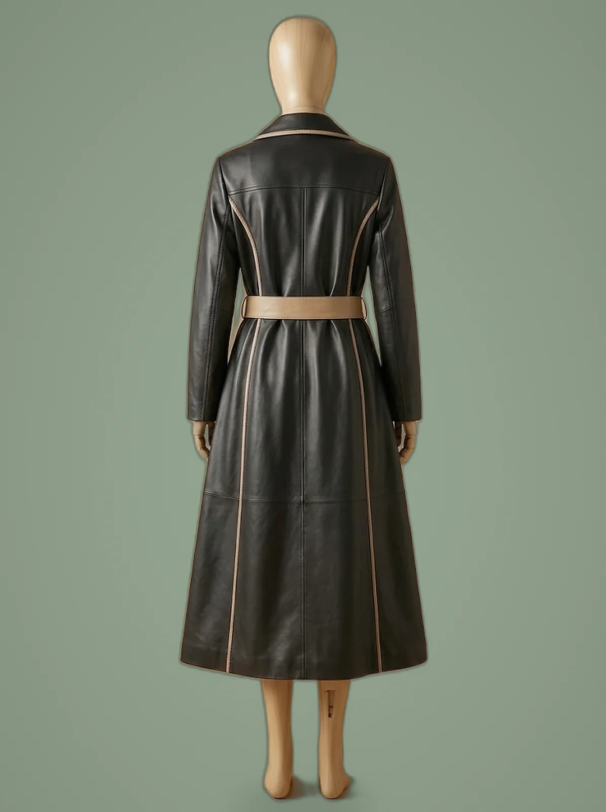 belt wax black long coat back view