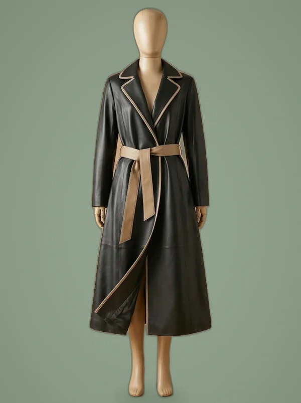 Italian Overcoat Real Leather Trench Sashes Belt Wax Black Long Coat, front view