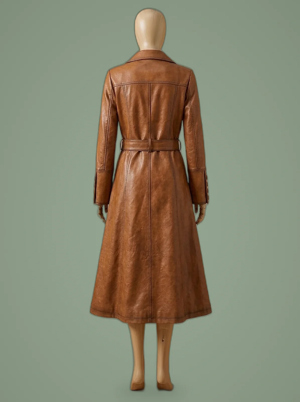 Italian Overcoat Real Leather Trench Sashes Belt Wax Tan Long Coat, back view