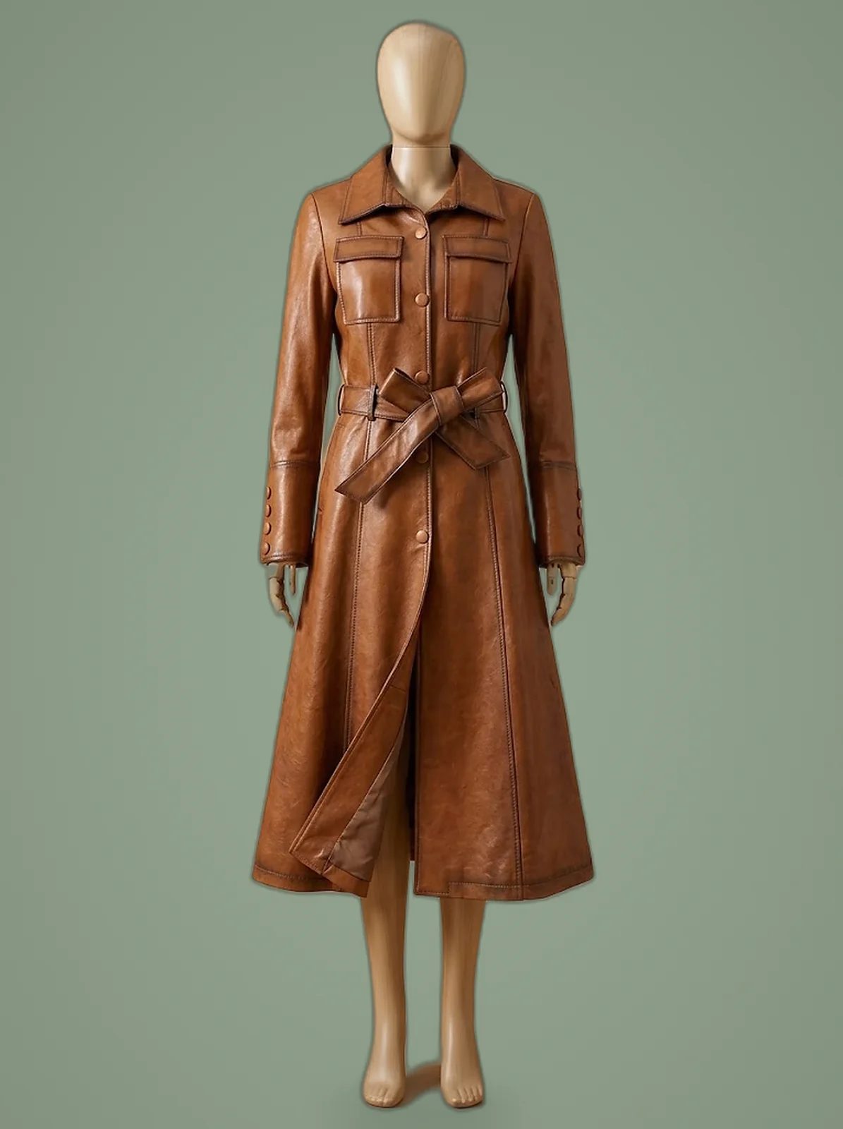 Italian Overcoat Real Leather Trench Sashes Belt Wax Tan Long Coat, front view
