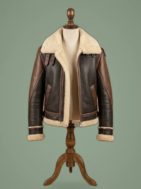 Katie McGrath Women B3 Bomber Flight Winter Pilot Real Sheepskin Shearling Black Leather Jacket, front view