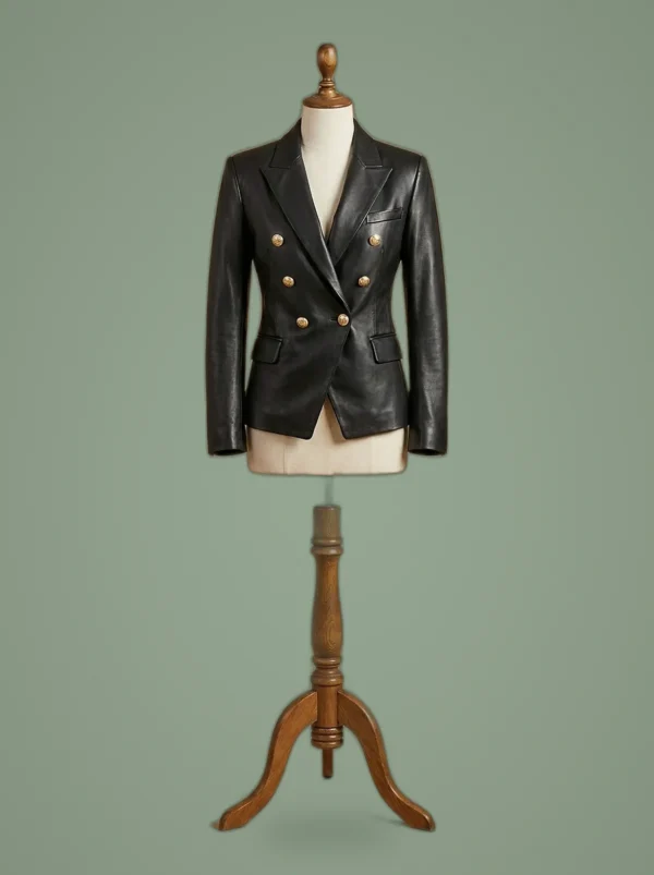 Kim Kardashian Double Breasted Black Leather Jacket Blazer, front view