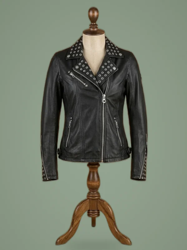 Ladies Biker Studded Cafe Racer Slimfit Casual Street Style Black Leather Jacket, front view