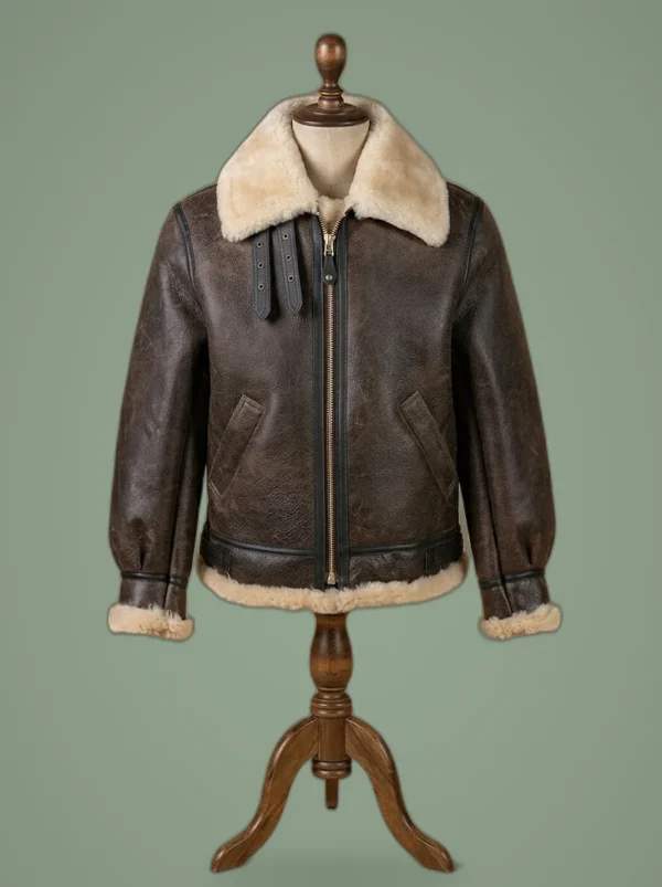 Leon Kennedy Resident Evil 4 B3 Sheepskin Shearling Pilot Bomber Brown Jacket, front view