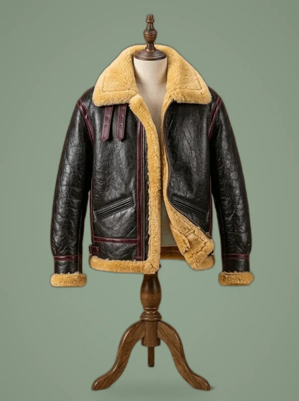 Men B3 USAF Aviator Real Shearling Black Sheepskin Leather Flight Bomber Jacket, front view
