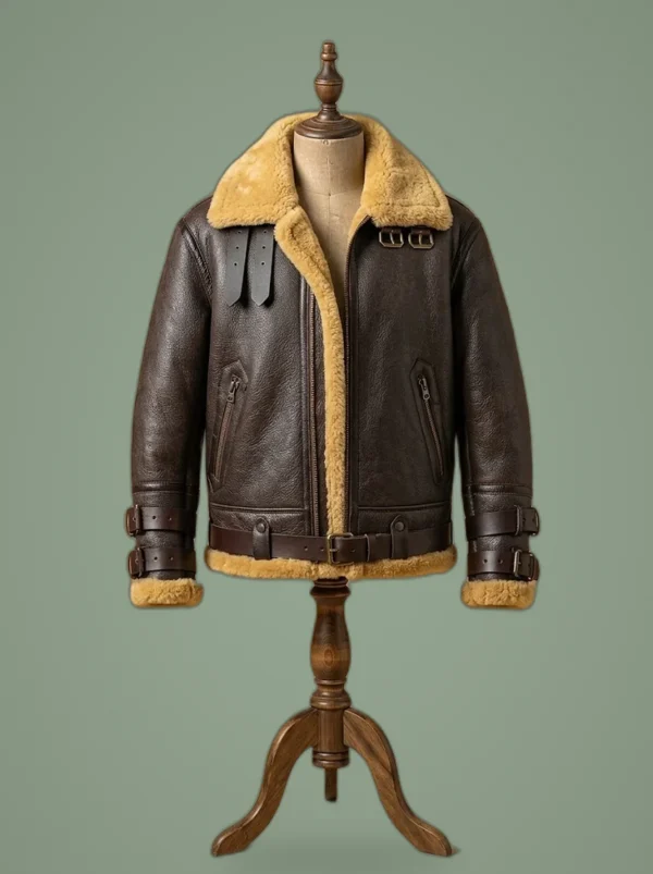 Men B6 RAF Aviator Real Shearling Brown Sheepskin Leather Flight Bomber Double Collar Jacket, front view