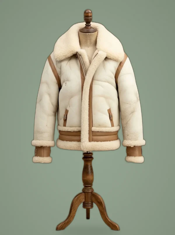 Men B6 RAF Aviator Real Shearling Off White Waxed Sheepskin Leather Flight Bomber Jacket, front view