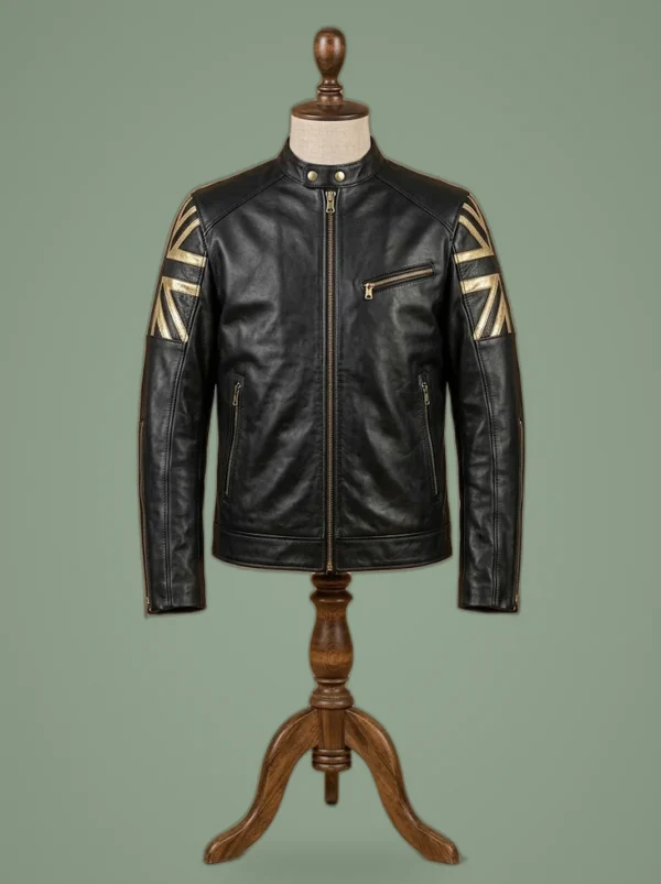MEN BIKER VINTAGE MOTORCYCLE CAFE RACER BLACK REAL LEATHER JACKET WITH UK FLAG, front view