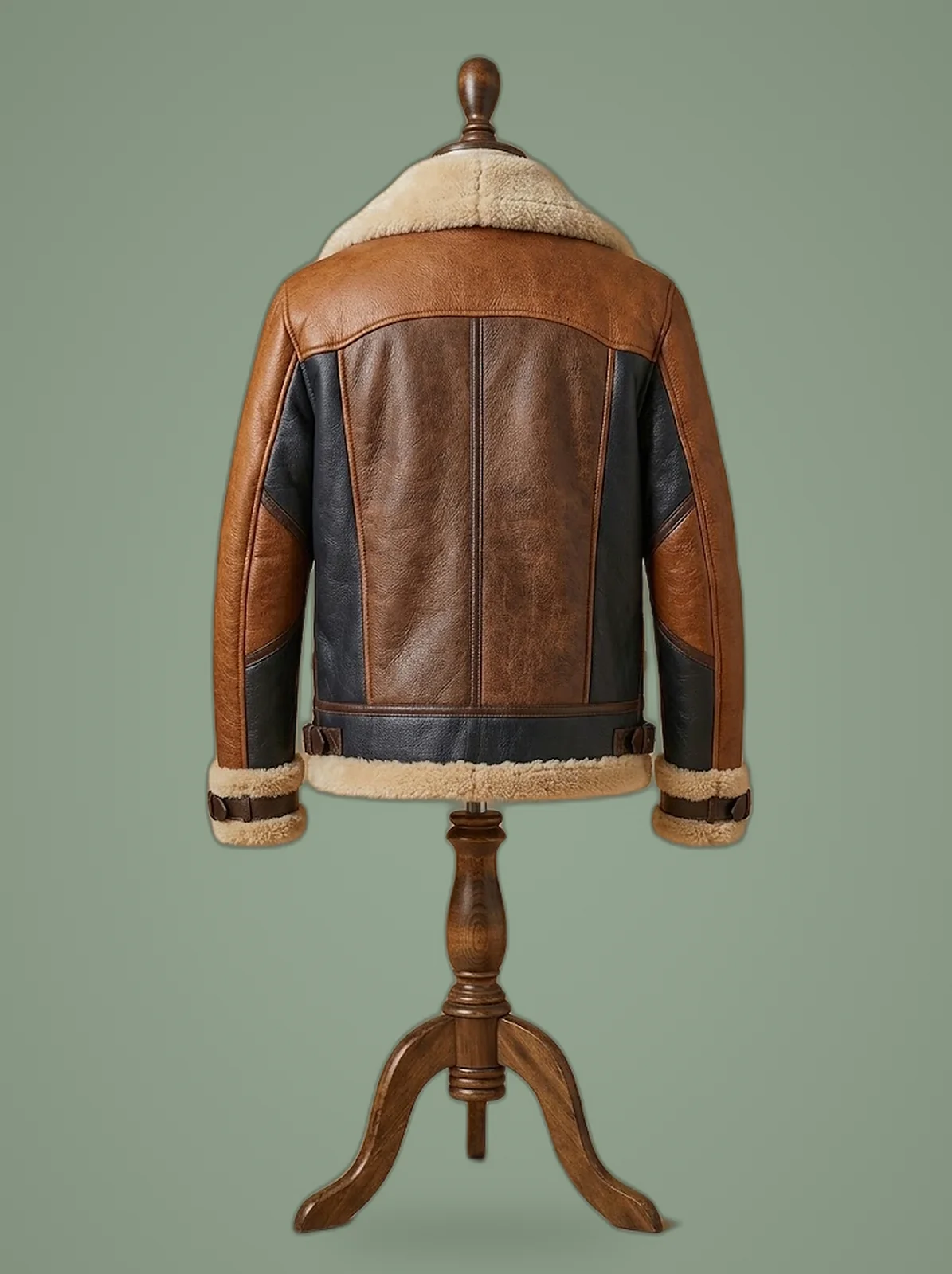 Men New B6 Bomber RAF Flying Aviator Pilot Real Sheepskin Shearling Tan Brown Leather Jacket, back view