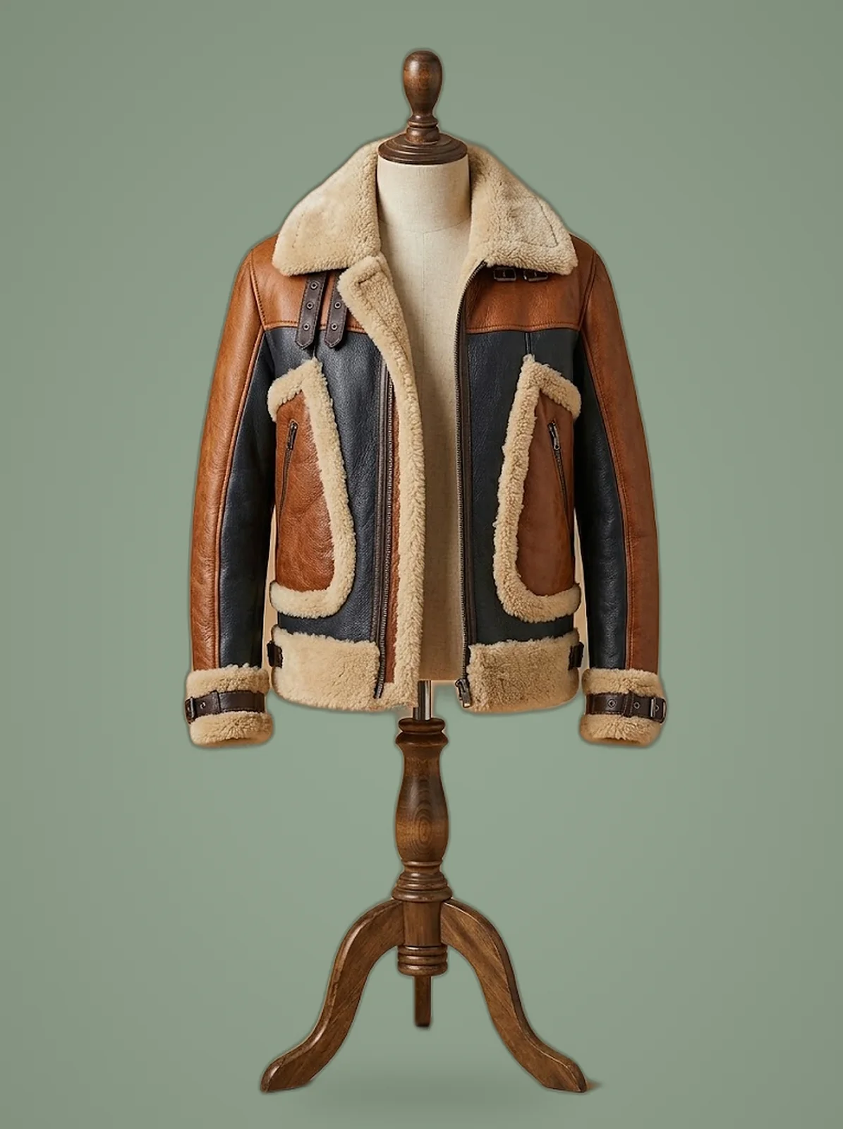 Men New B6 Bomber RAF Flying Aviator Pilot Real Sheepskin Shearling Tan Brown Leather Jacket, front view