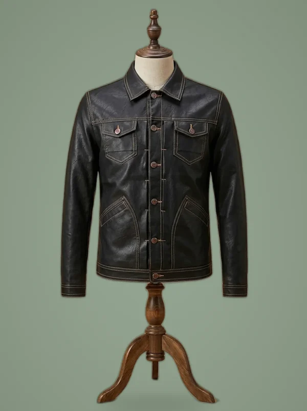 Men Vintage Cafe Racer Slimfit Motorcycle Retro Levis Shirt Black Leather Jacket, front view