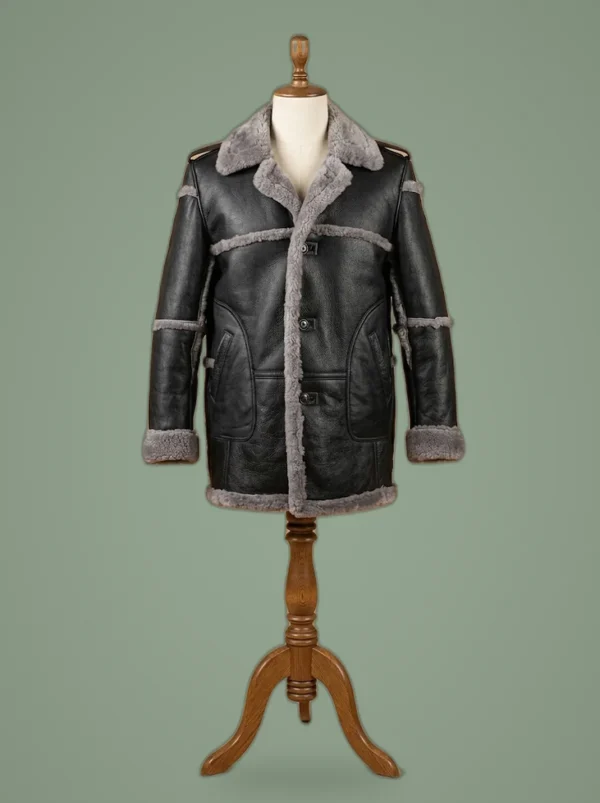 Men’s Anti Grey Fur Black Real Sheepskin Bomber Leather Duffle Coat, front view