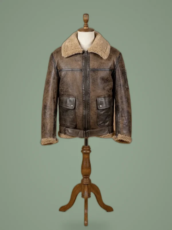 Men’s Arnold Schwarzenegger Aviator RAF B3 Shearling Real Sheepskin Leather Bomber Jacket, front view