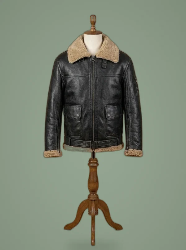 Men’s Arnold Schwarzenegger Aviator RAF B6 Shearling Real Sheepskin Black Leather Bomber Jacket, front view