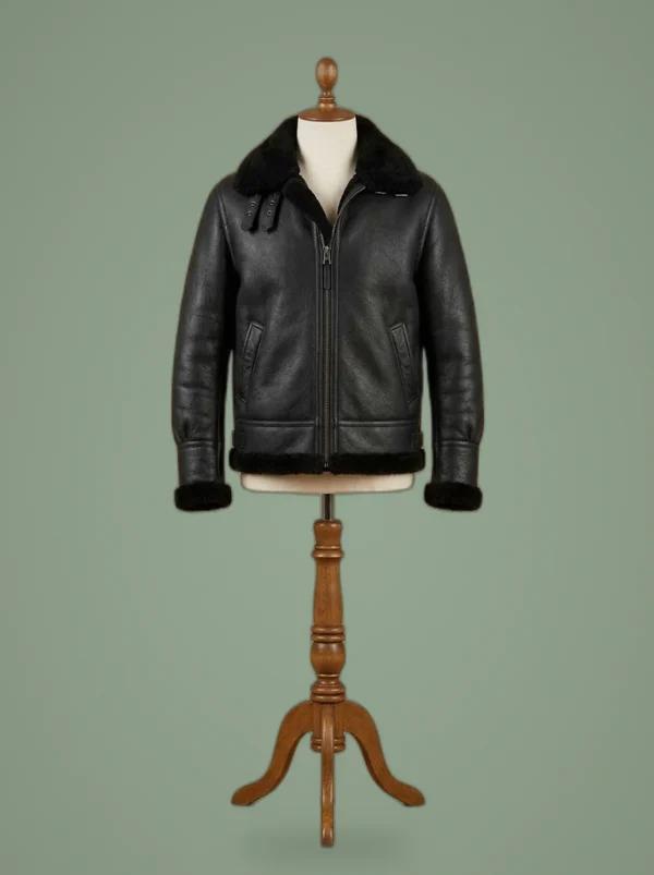 Men’s Aviator B6 Sheepskin Fur Shearling Bomber Black Leather Jacket 1, front view