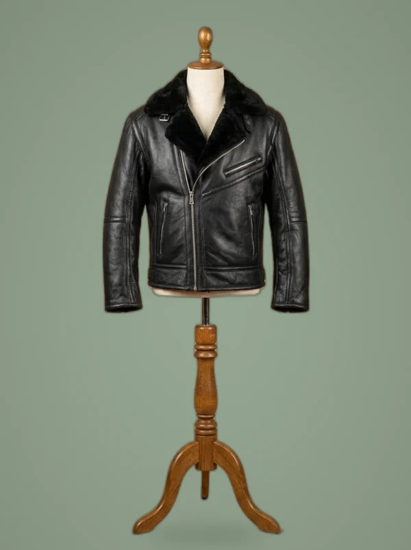 Men’s Aviator B6 Sheepskin Fur Shearling Bomber Black Leather Jacket, front view