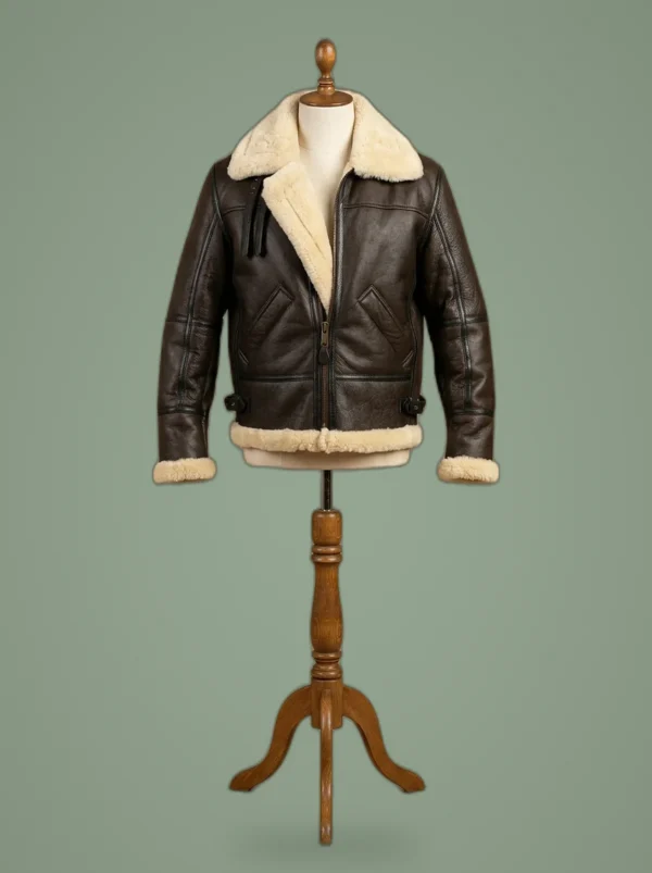 Men’s Aviator Brown Bomber Real Shearling Sheepskin Leather Jacket, front view