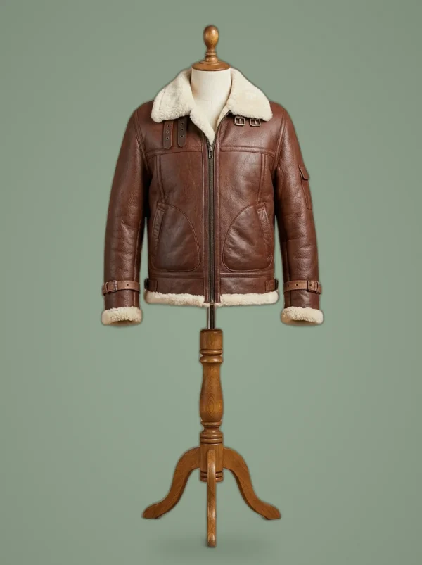 Men’s Aviator RAF B3 Reddish Real Sheepskin Fur Leather Bomber Jacket, front view