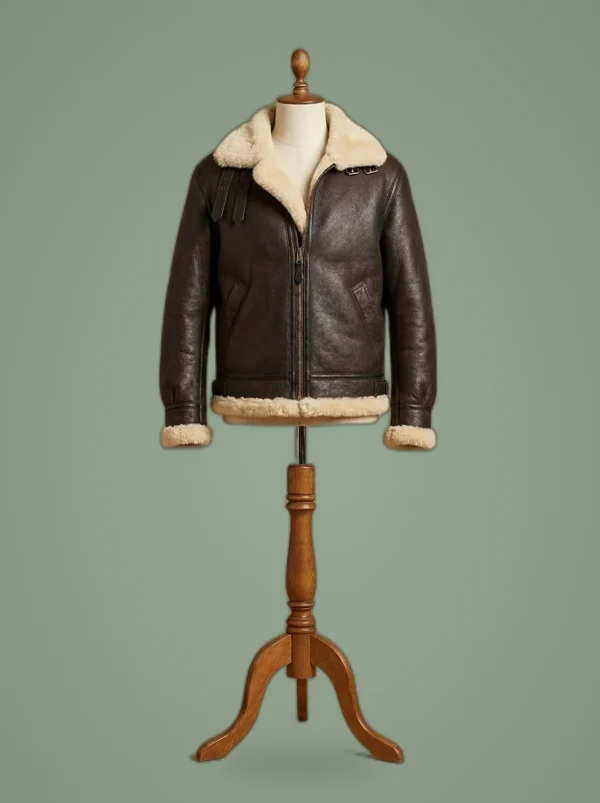 Men’s B3 Aviator Real Shearling Black Sheepskin Leather Bomber Jacket, front view