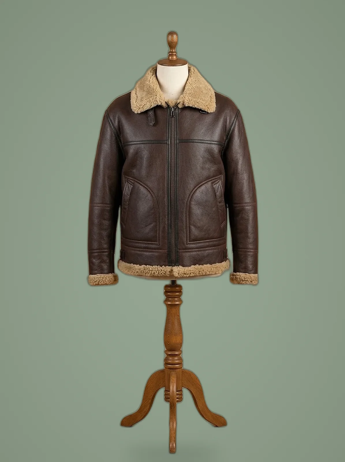 real sheepskin brown leather bomber jacket front view