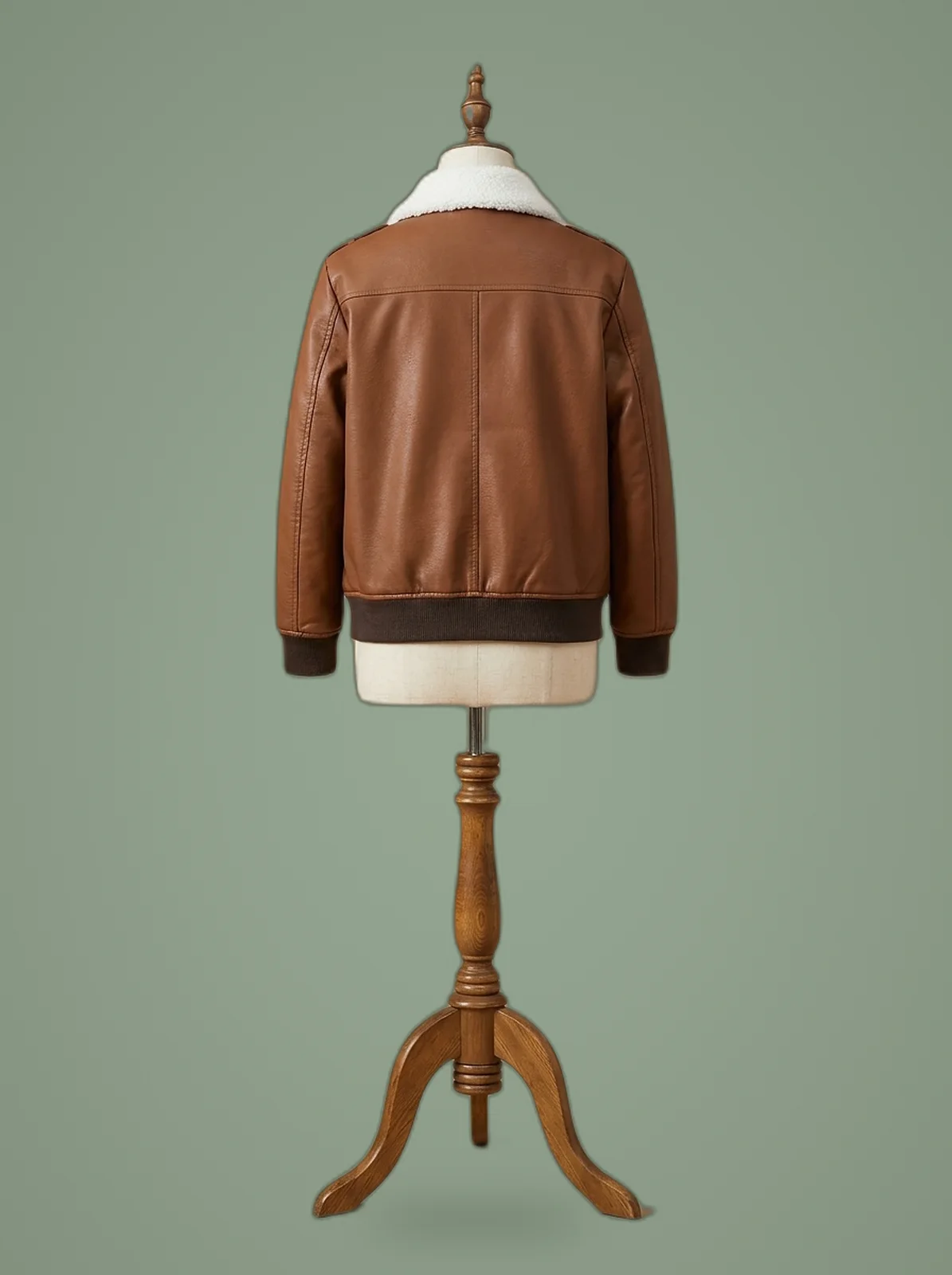 Men’s B3 Bomber Aviator A2 Pilot Police Sheepskin Fur Collar Brown Leather Jacket, back view