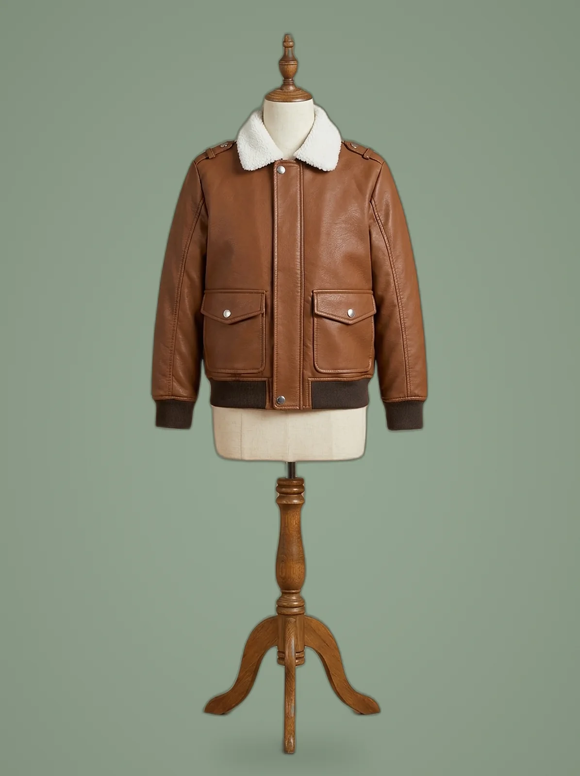 Men’s B3 Bomber Aviator A2 Pilot Police Sheepskin Fur Collar Brown Leather Jacket, front view