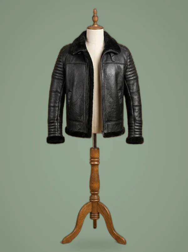 Men’s B3 Bomber Aviator Black Fur Sheepskin Shearling Leather Jacket, front view