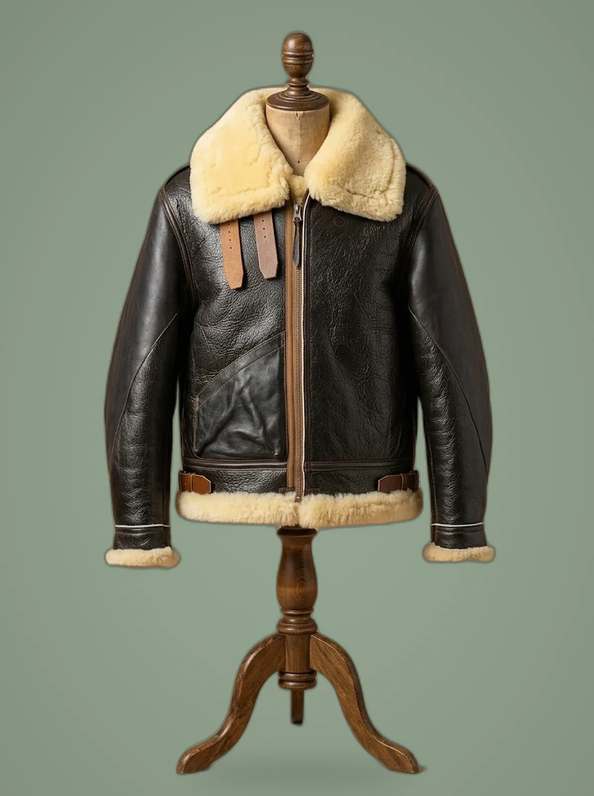 men B3 black shearling aviator bomber jacket front view