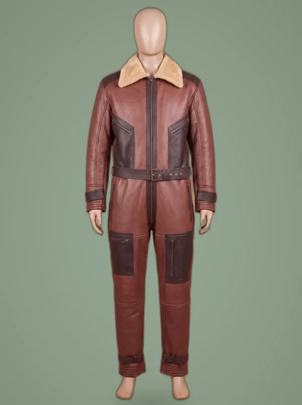 Mens B3 Bomber Aviator Pilot RAF Real Sheepskin Flight Shearling Brown Leather Suit, front view