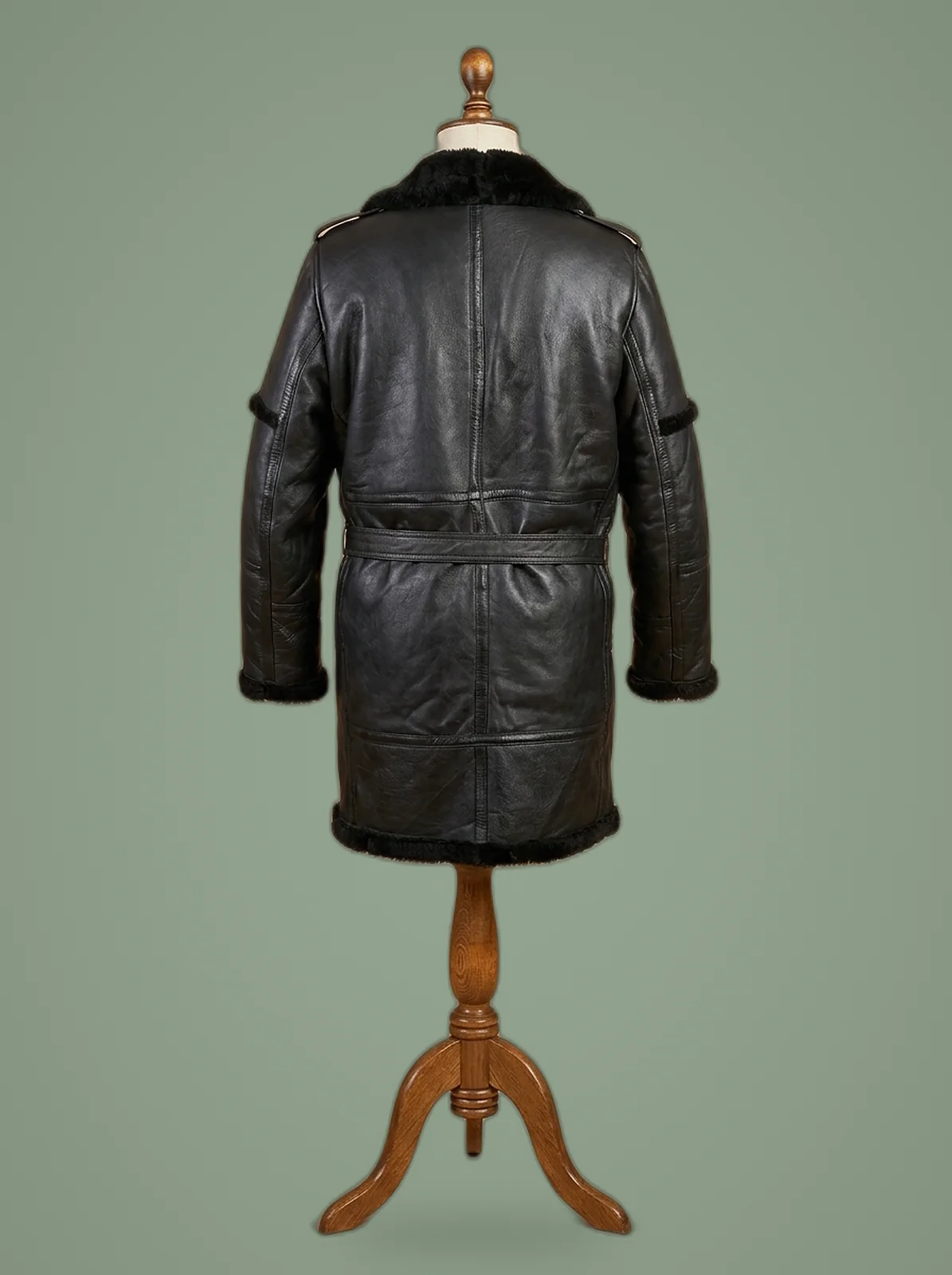 sheepskin black leather duffle safari coat back view