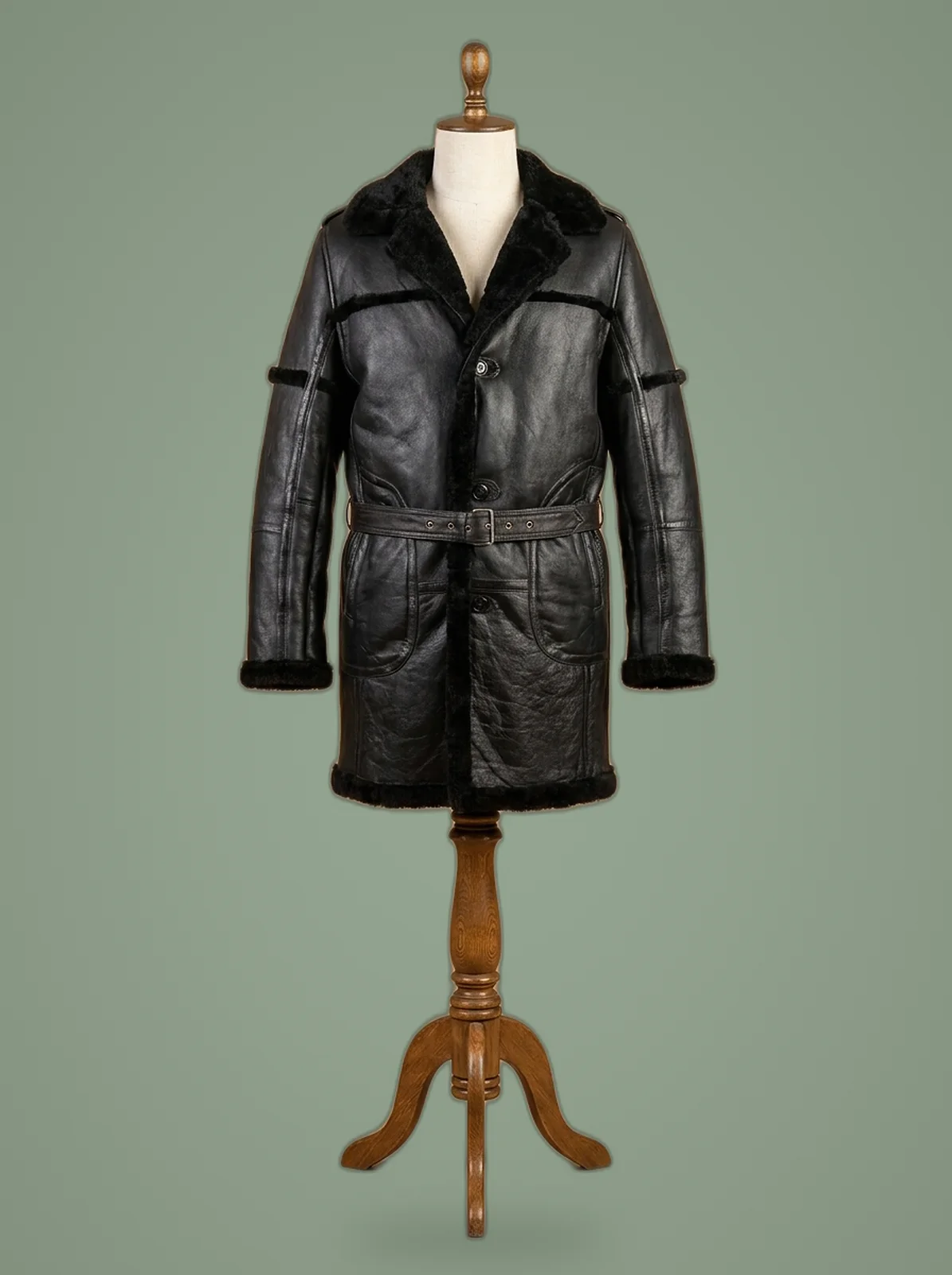 sheepskin black leather duffle safari coat front view