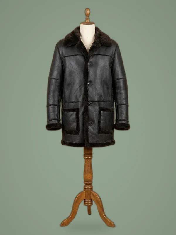 Men’s B3 Bomber Aviator WWII Pilot Police Sheepskin Black Leather Jacket Coat, front view
