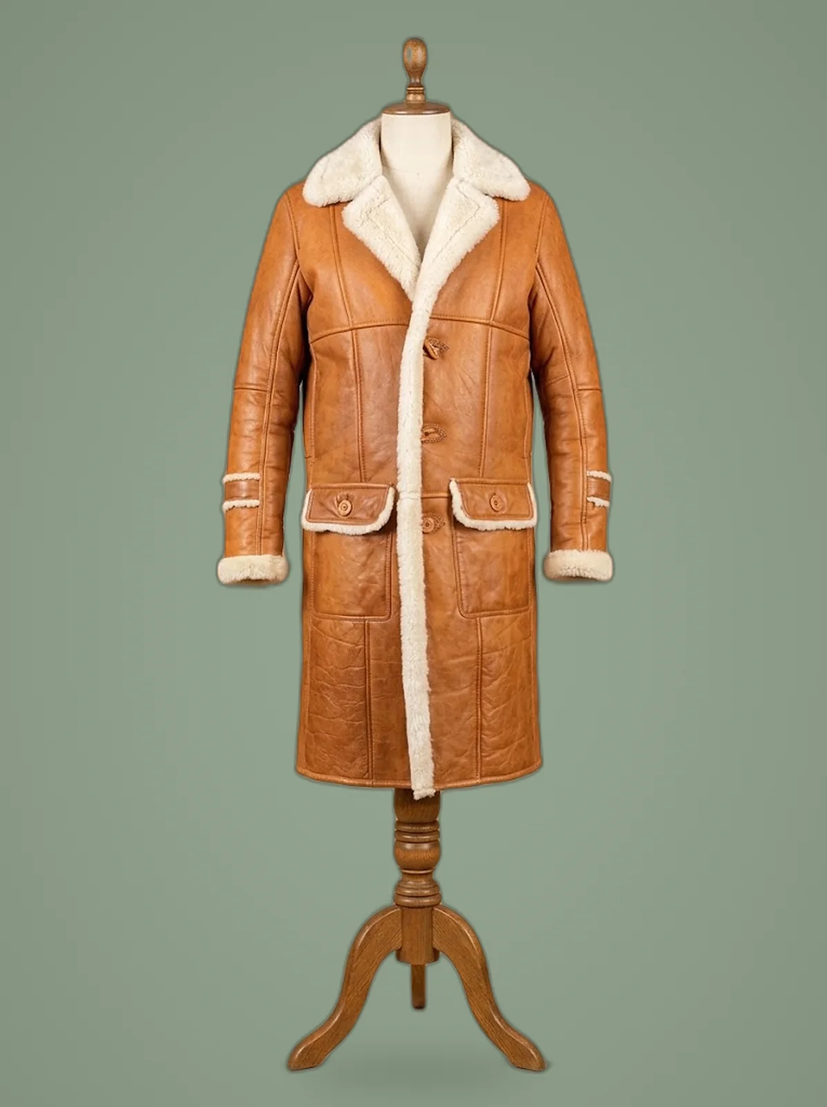 sheepskin tan leather duffle coat front view