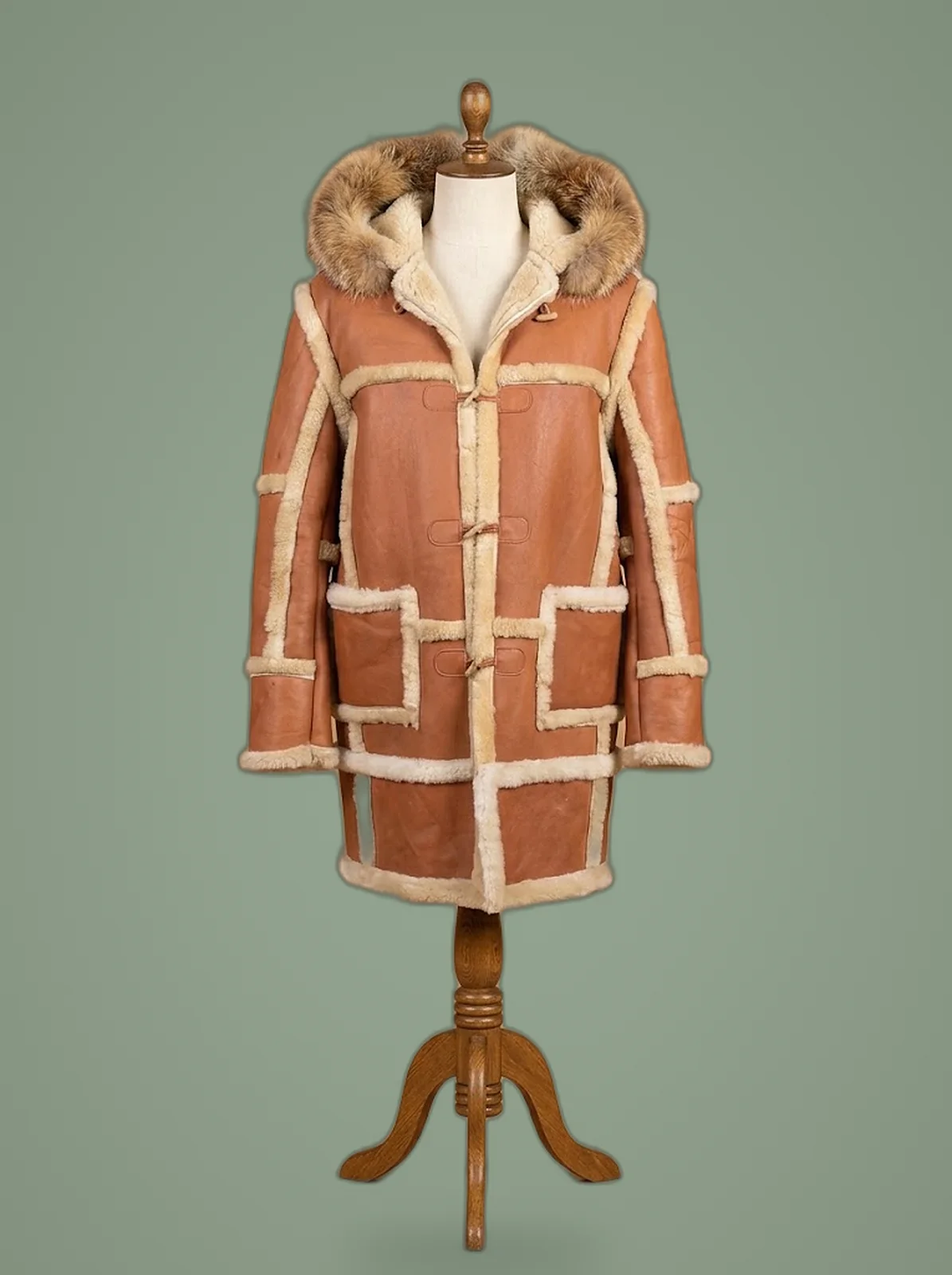 Men’s B3 Bomber Aviator WWII Pilot Police Sheepskin Tan Leather Duffle Coat, side view