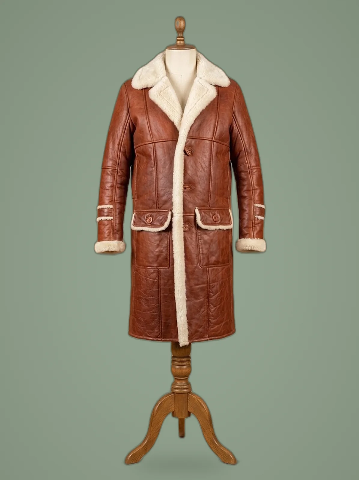 Men’s B3 Bomber Aviator WWII Pilot Police Sheepskin Tan Leather Duffle Coat, detail view