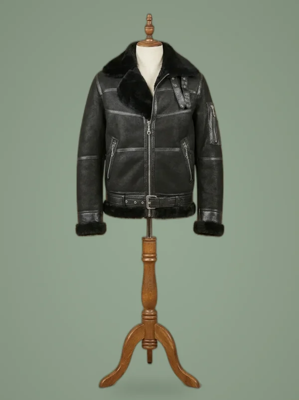 Men’s B3 Bomber Aviator WWII Pilot Real Sheepskin Shearling Black Leather Jacket, front view