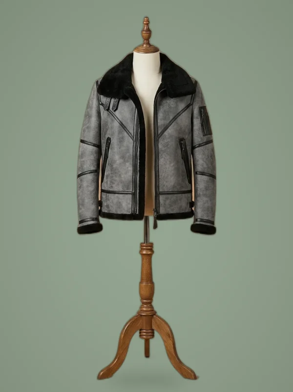 Men’s B3 Bomber Aviator WWII Pilot Real Sheepskin Shearling Grey Leather Jacket, front view
